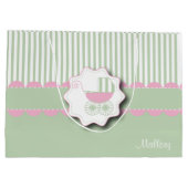 明るいピンクおよび緑の乳母車-女の赤ちゃんのシャワー ラージペーパーバッグ (裏面)