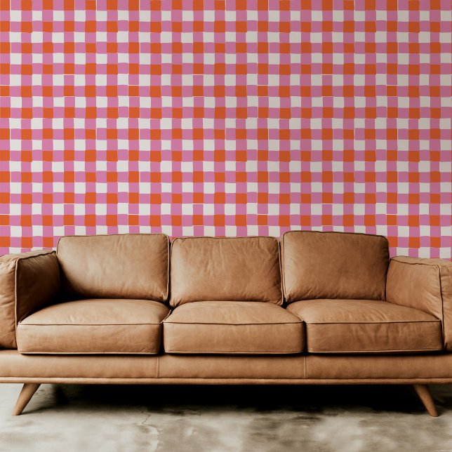 明るいピンクとオレンジ色の赤いプ市松模様にライド 壁紙 (Bright pink and orange red hand-drawn checkered plaid peel and stick wallpaper.)