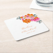 明るいピンクとオレンジ鮮やか色の夏のフローラ結婚ズ スクエアペーパーコースター (アングル)