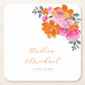明るいピンクとオレンジ鮮やか色の夏のフローラ結婚ズ スクエアペーパーコースター (正面)