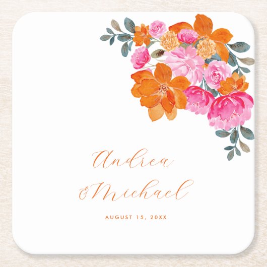 明るいピンクとオレンジ鮮やか色の夏のフローラ結婚ズ スクエアペーパーコースター (正面)