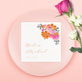 明るいピンクとオレンジ鮮やか色の夏のフローラ結婚ズ スタンダードカクテルナプキン
