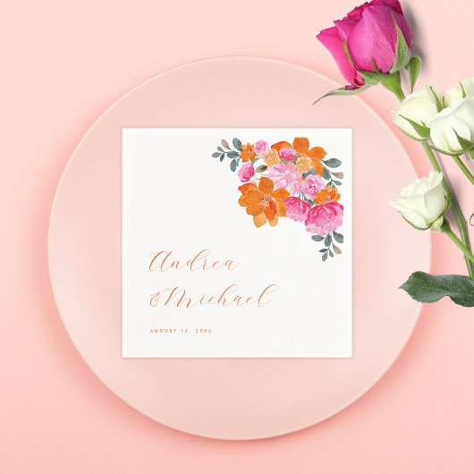 明るいピンクとオレンジ鮮やか色の夏のフローラ結婚ズ スタンダードカクテルナプキン