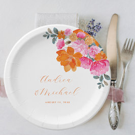 明るいピンクとオレンジ鮮やか色の夏のフローラ結婚ズ ペーパープレート