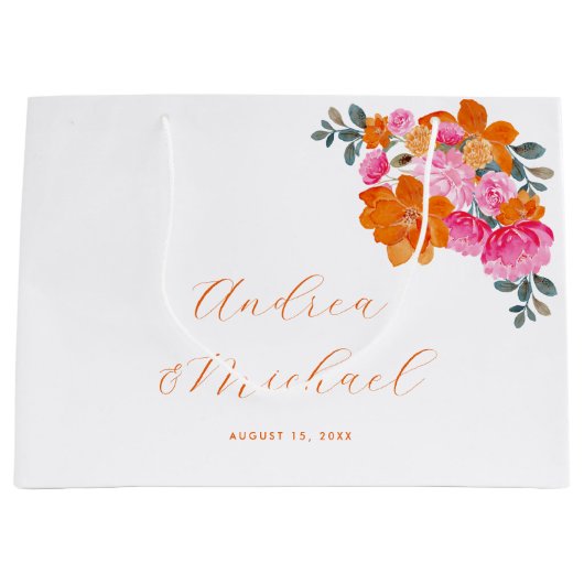 明るいピンクとオレンジ鮮やか色の夏のフローラ結婚ズ ラージペーパーバッグ (正面)