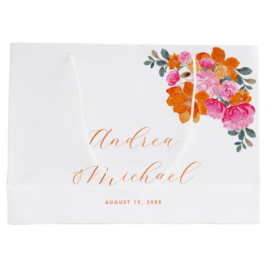 明るいピンクとオレンジ鮮やか色の夏のフローラ結婚ズ ラージペーパーバッグ (裏面)