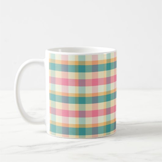 明るいピンクとターコイズのチェック織り模様 コーヒーマグカップ (左)