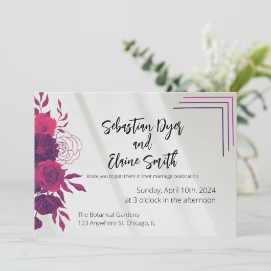 明るいピンクとマゼンタのサンライトのフローラ結婚ズ 招待状 (スタンド正面)