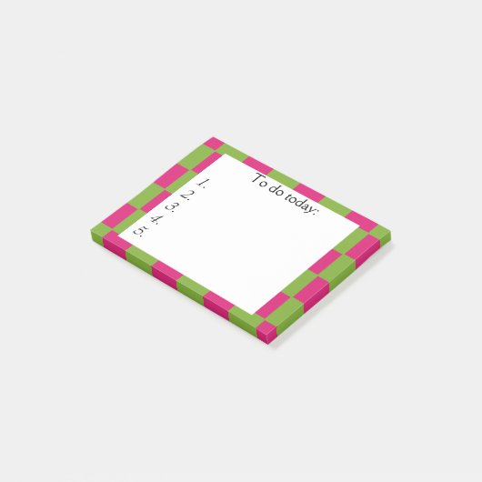 明るいピンクと市松模様に緑の注 ポストイット (アングル)