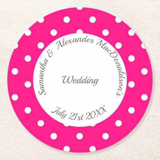 明るいピンクと白の水玉模様結婚の ラウンドペーパーコースター (正面)