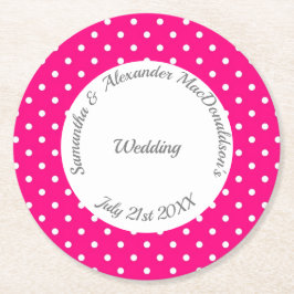 明るいピンクと白の水玉模様結婚の ラウンドペーパーコースター