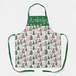 明るいピンクと緑のクリスマスツリー エプロン