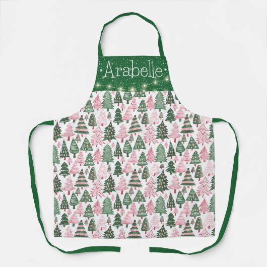 明るいピンクと緑のクリスマスツリー エプロン (正面)