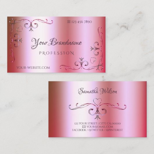 明るいピンクと緑のグラデーション装飾華美 名刺 (正面/裏面)