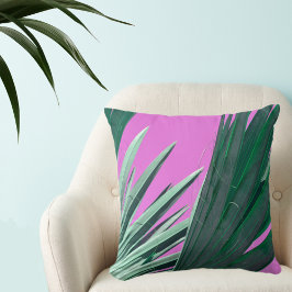 明るいピンクと緑のヤシの葉 クッション