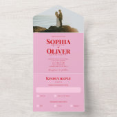 明るいピンクと赤の写真結婚の オールインワン招待状 (内側)