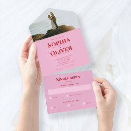 明るいピンクと赤の写真結婚の オールインワン招待状