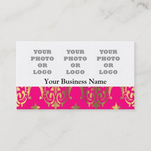 明るいピンクと金ゴールドのダマスク会社のロゴ 名刺 (正面)