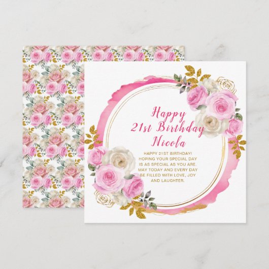 明るいピンクと金ゴールドエレガントの花の誕生日 カード (正面/裏面)
