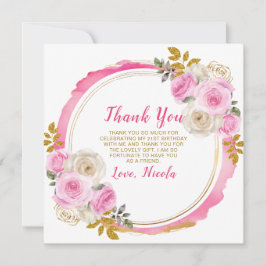 明るいピンクと金ゴールドエレガントの花の誕生日 サンキューカード