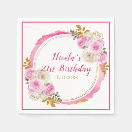 明るいピンクと金ゴールドエレガントの花の誕生日 スタンダードカクテルナプキン