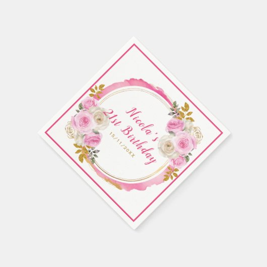 明るいピンクと金ゴールドエレガントの花の誕生日 スタンダードカクテルナプキン