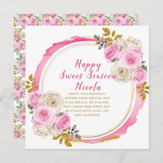 明るいピンクと金ゴールドエレガントの花のSweet sixteen カード (正面/裏面)