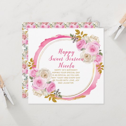 明るいピンクと金ゴールドエレガントの花のSweet sixteen カード (正面/裏面インサイチュ)