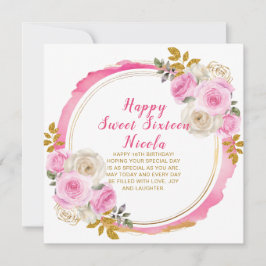 明るいピンクと金ゴールドエレガントの花のSweet sixteen カード