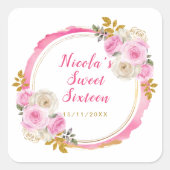 明るいピンクと金ゴールドエレガントの花のSweet sixteen スクエアシール (正面)