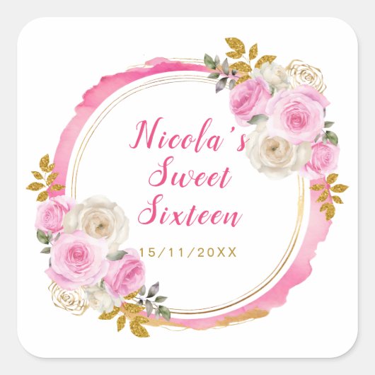 明るいピンクと金ゴールドエレガントの花のSweet sixteen スクエアシール (正面)