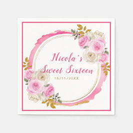 明るいピンクと金ゴールドエレガントの花のSweet sixteen スタンダードカクテルナプキン