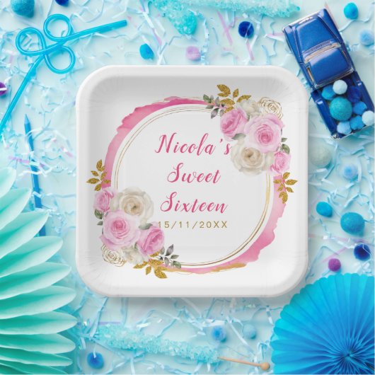 明るいピンクと金ゴールドエレガントの花のSweet sixteen ペーパープレート (パーティー)