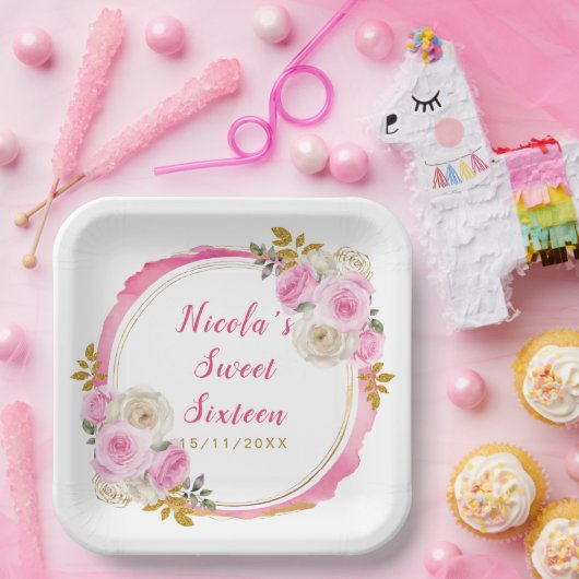 明るいピンクと金ゴールドエレガントの花のSweet sixteen ペーパープレート (パーティー)