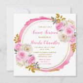 明るいピンクと金ゴールドエレガントの花のSweet sixteen 招待状 (正面)