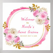 明るいピンクと金ゴールドエレガントの花Sweet sixteen ポスター (正面)