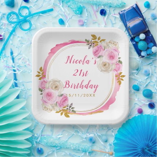 明るいピンクと金ゴールドエレガントの誕生日パーティー ペーパープレート (パーティー)