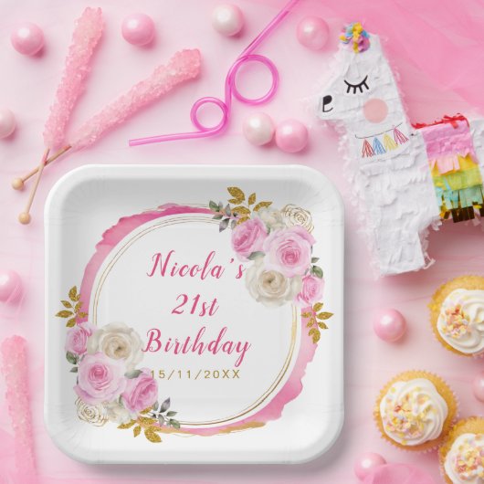 明るいピンクと金ゴールドエレガントの誕生日パーティー ペーパープレート (パーティー)