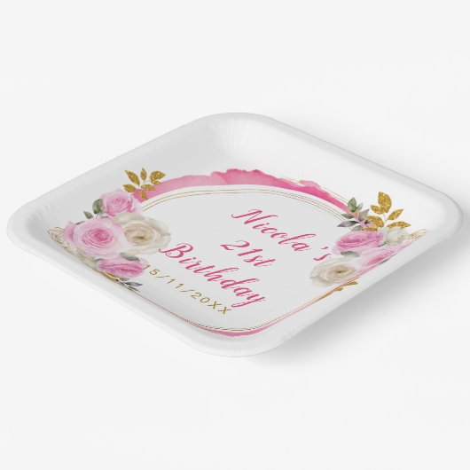 明るいピンクと金ゴールドエレガントの誕生日パーティー ペーパープレート (傾斜あり)