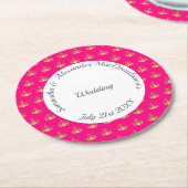 明るいピンクと金ゴールド結婚クラウン ラウンドペーパーコースター (アングル)