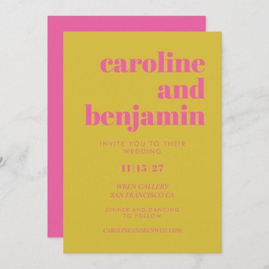 明るいピンクと黄色のタイポグラフィモダン結婚ズ 招待状 (正面/裏面)