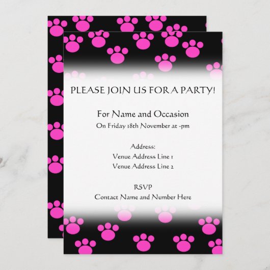 明るいピンクと黒の手の印刷パターン 招待状 (正面/裏面)