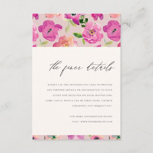 明るいピンクのおもしろい水色フローラ結婚の詳細 エンクロージャーカード (正面)