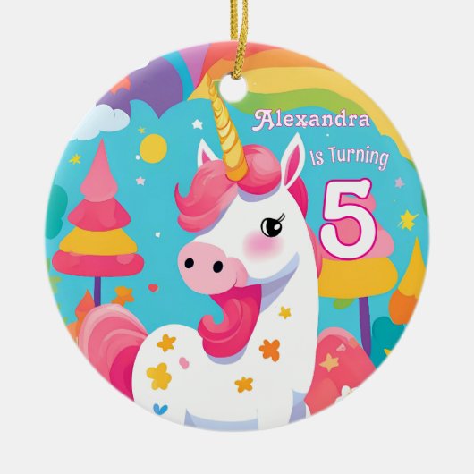 明るいピンクのかわいいユニコーンの誕生日  セラミックオーナメント (正面)