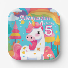 明るいピンクのかわいいユニコーンの誕生日 ペーパープレート