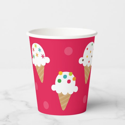 明るいピンクのアイスクリームコーン パーティー紙コップ 紙コップ (正面)