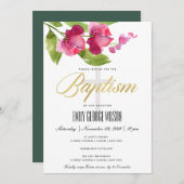 明るいピンクのインク洗浄水色フローラ洗礼 招待状 (正面/裏面)