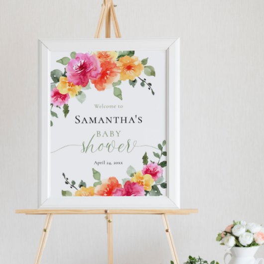 明るいピンクのオレンジ色の牡丹の女の子の赤ちゃんシャワーへようこそ ポスター