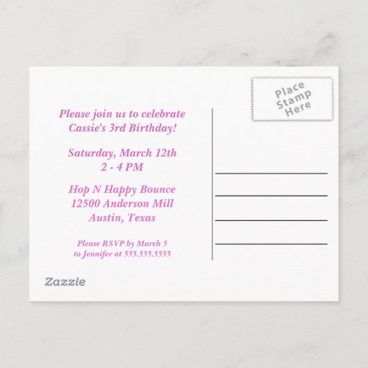 明るいピンクのカスタム子供たちフォトガールズバースデーパーティー インビテーションポストカード (裏面)