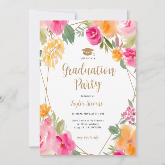 明るいピンクのカラフルフローラ金ゴールドの卒業 招待状 (正面)